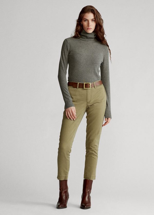 Pantalones Polo Ralph Lauren Mujer Verde Oliva - Stretch Cotton Straight - INLEM7860